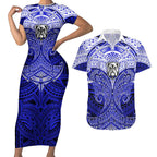 Personalized Canterbury-Bankstown Bulldogs Couples Matching Short Sleeve Bodycon Dress and Hawaiian Shirt Polynesian Tribal Pattern Style