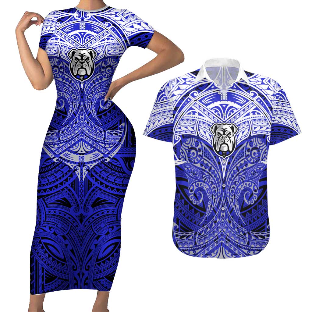 Personalized Canterbury-Bankstown Bulldogs Couples Matching Short Sleeve Bodycon Dress and Hawaiian Shirt Polynesian Tribal Pattern Style