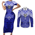 Personalized Canterbury-Bankstown Bulldogs Couples Matching Short Sleeve Bodycon Dress and Long Sleeve Button Shirt Polynesian Tribal Pattern Style