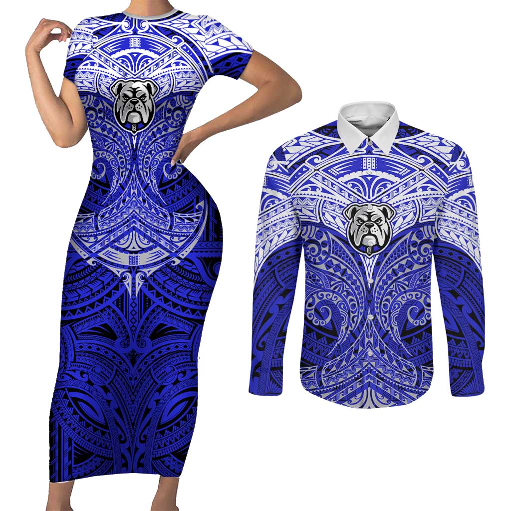Personalized Canterbury-Bankstown Bulldogs Couples Matching Short Sleeve Bodycon Dress and Long Sleeve Button Shirt Polynesian Tribal Pattern Style