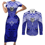 Personalized Canterbury-Bankstown Bulldogs Couples Matching Short Sleeve Bodycon Dress and Long Sleeve Button Shirt Polynesian Tribal Pattern Style