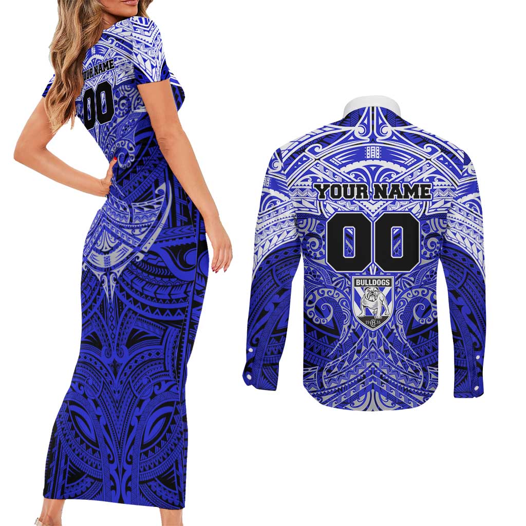 Personalized Canterbury-Bankstown Bulldogs Couples Matching Short Sleeve Bodycon Dress and Long Sleeve Button Shirt Polynesian Tribal Pattern Style