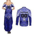 Personalized Canterbury-Bankstown Bulldogs Couples Matching Summer Maxi Dress and Long Sleeve Button Shirt Polynesian Tribal Pattern Style