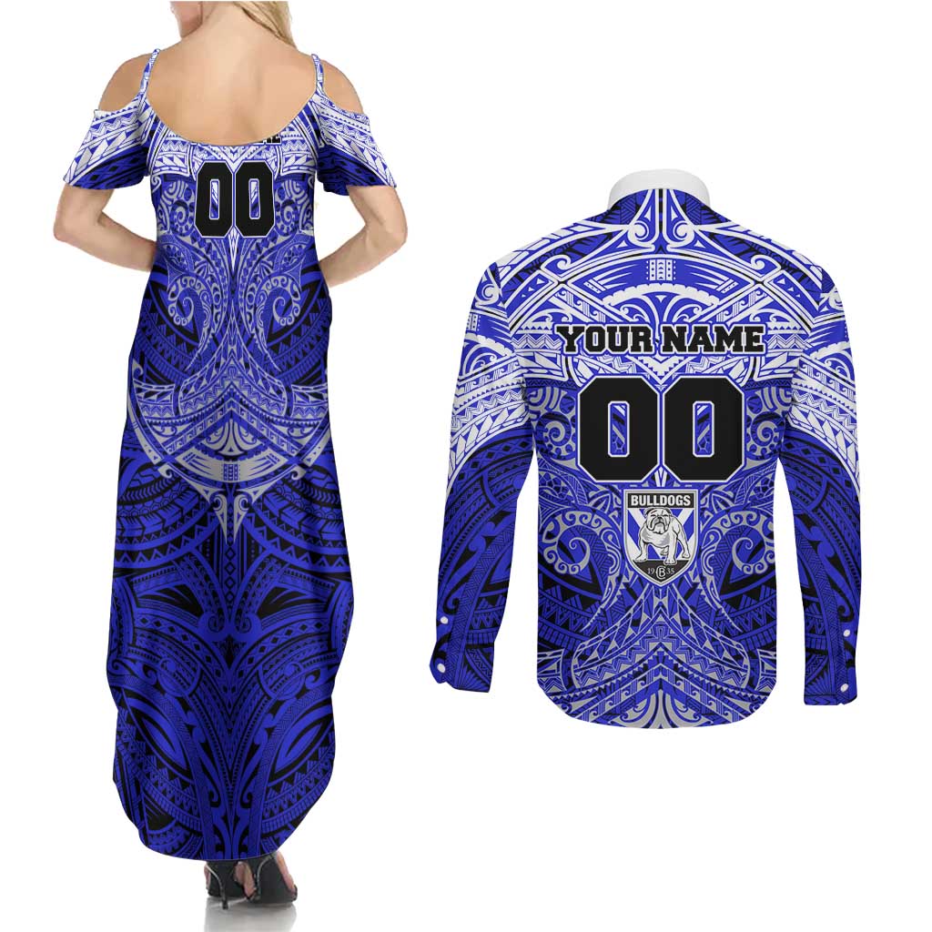 Personalized Canterbury-Bankstown Bulldogs Couples Matching Summer Maxi Dress and Long Sleeve Button Shirt Polynesian Tribal Pattern Style