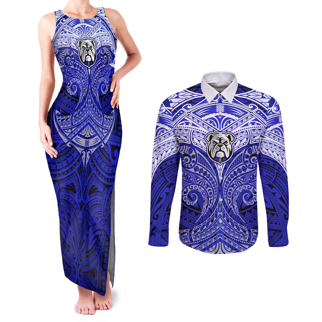 Personalized Canterbury-Bankstown Bulldogs Couples Matching Tank Maxi Dress and Long Sleeve Button Shirt Polynesian Tribal Pattern Style