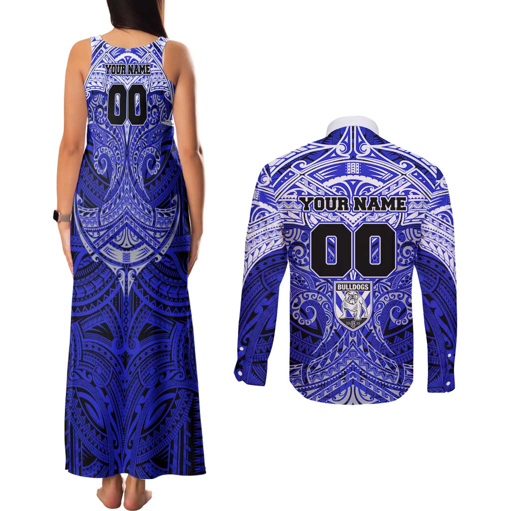 Personalized Canterbury-Bankstown Bulldogs Couples Matching Tank Maxi Dress and Long Sleeve Button Shirt Polynesian Tribal Pattern Style