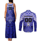 Personalized Canterbury-Bankstown Bulldogs Couples Matching Tank Maxi Dress and Long Sleeve Button Shirt Polynesian Tribal Pattern Style