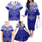 Personalized Canterbury-Bankstown Bulldogs Family Matching Off The Shoulder Long Sleeve Dress and Hawaiian Shirt Polynesian Tribal Pattern Style