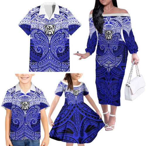 Personalized Canterbury-Bankstown Bulldogs Family Matching Off The Shoulder Long Sleeve Dress and Hawaiian Shirt Polynesian Tribal Pattern Style