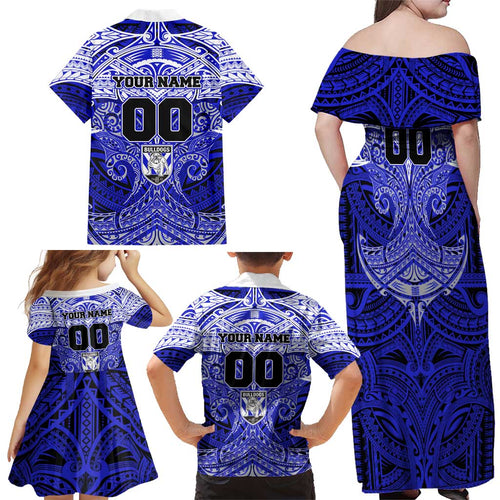 Personalized Canterbury-Bankstown Bulldogs Family Matching Off Shoulder Maxi Dress and Hawaiian Shirt Polynesian Tribal Pattern Style