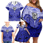 Personalized Canterbury-Bankstown Bulldogs Family Matching Off Shoulder Short Dress and Hawaiian Shirt Polynesian Tribal Pattern Style