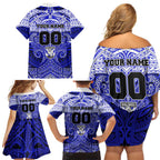 Personalized Canterbury-Bankstown Bulldogs Family Matching Off Shoulder Short Dress and Hawaiian Shirt Polynesian Tribal Pattern Style