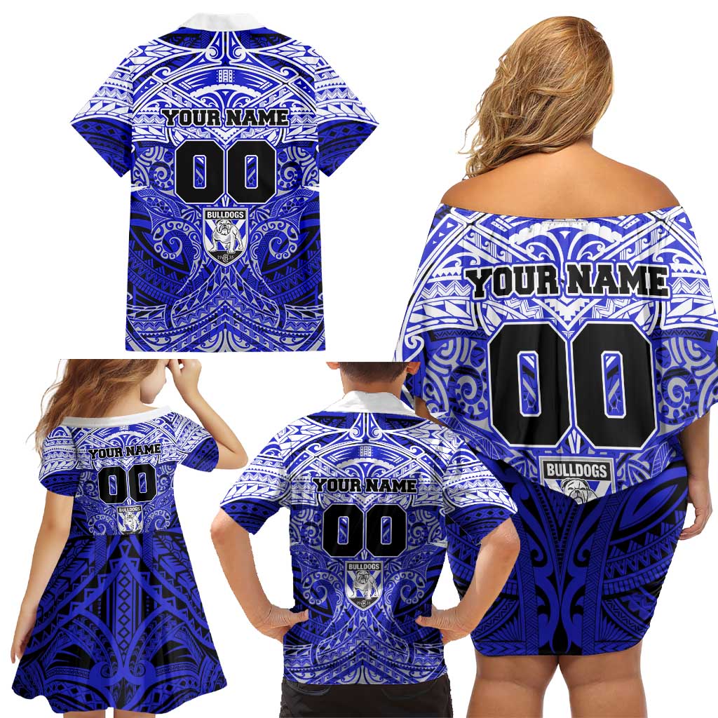 Personalized Canterbury-Bankstown Bulldogs Family Matching Off Shoulder Short Dress and Hawaiian Shirt Polynesian Tribal Pattern Style