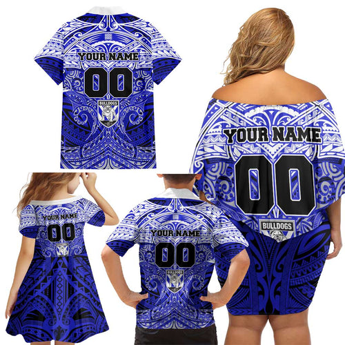 Personalized Canterbury-Bankstown Bulldogs Family Matching Off Shoulder Short Dress and Hawaiian Shirt Polynesian Tribal Pattern Style