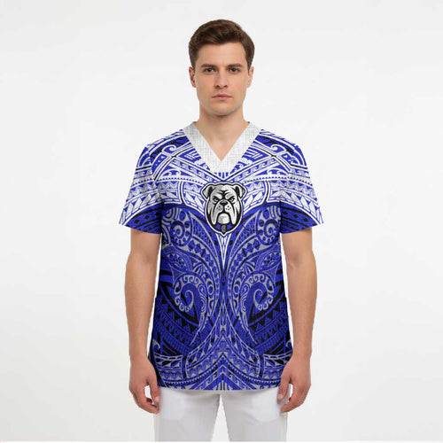 Personalized Canterbury-Bankstown Bulldogs Scrub Top Polynesian Tribal Pattern Style