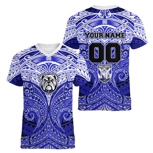 Personalized Canterbury-Bankstown Bulldogs Women V-Neck T-Shirt Polynesian Tribal Pattern Style