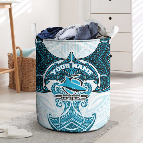 Personalized Cronulla-Sutherland Sharks Laundry Basket Polynesian Tribal Pattern Style
