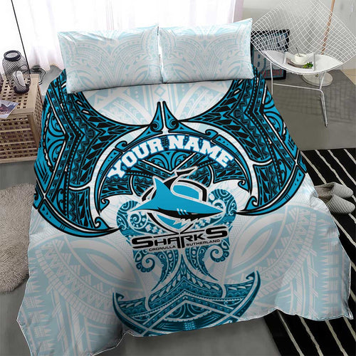 Personalized Cronulla-Sutherland Sharks Bedding Set Polynesian Tribal Pattern Style