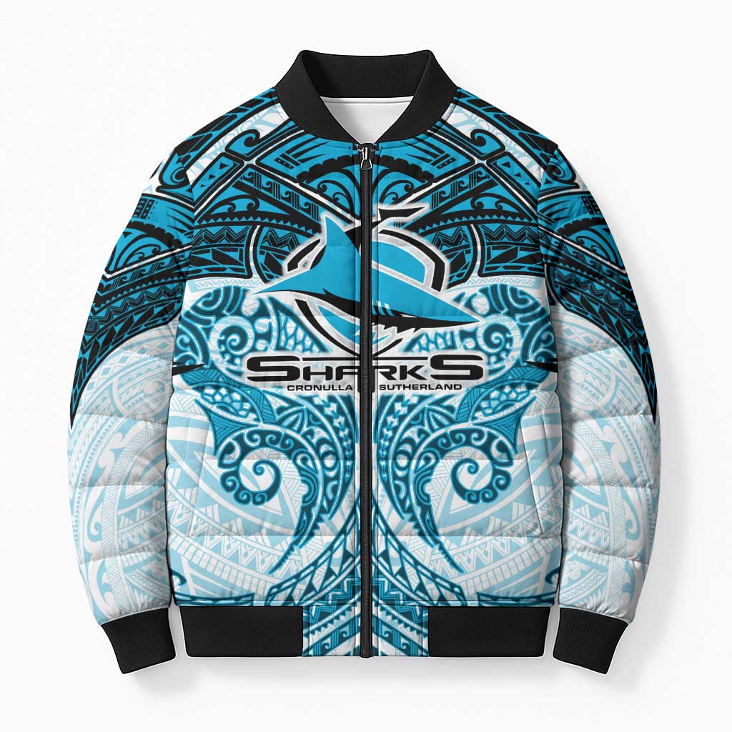Personalized Cronulla-Sutherland Sharks Bomber Puffer Jacket Polynesian Tribal Pattern Style