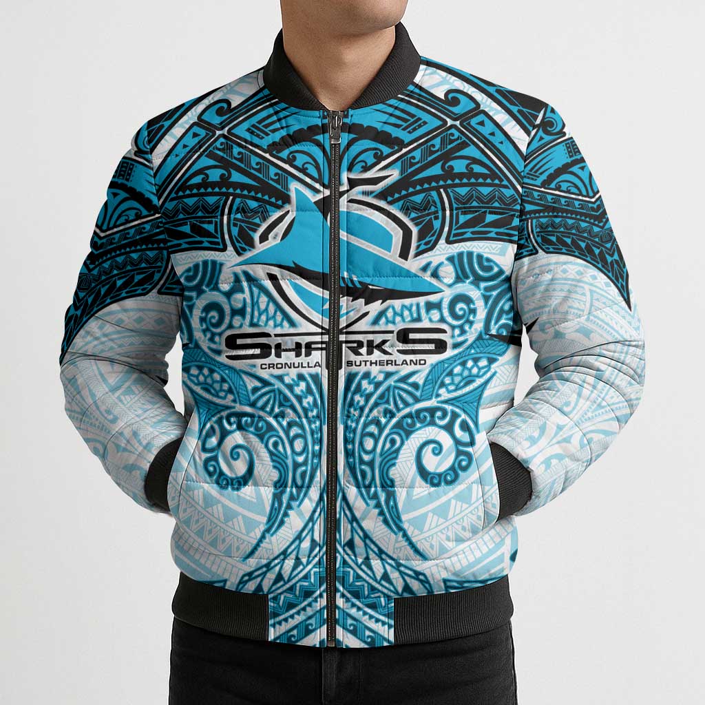 Personalized Cronulla-Sutherland Sharks Bomber Puffer Jacket Polynesian Tribal Pattern Style
