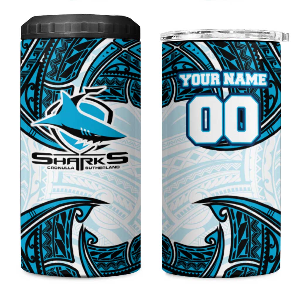 Personalized Cronulla-Sutherland Sharks 4 in 1 Can Cooler Tumbler Polynesian Tribal Pattern Style
