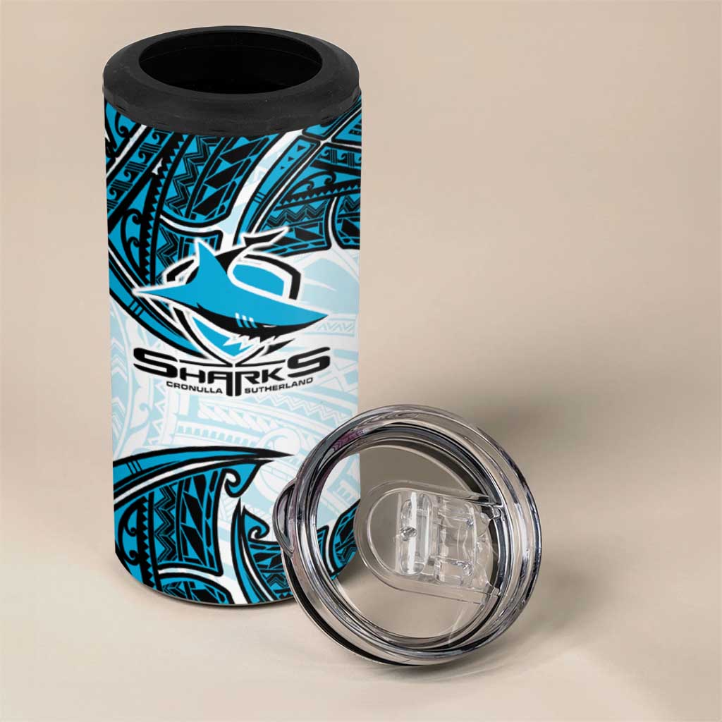 Personalized Cronulla-Sutherland Sharks 4 in 1 Can Cooler Tumbler Polynesian Tribal Pattern Style