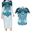 Personalized Cronulla-Sutherland Sharks Couples Matching Long Sleeve Bodycon Dress and Hawaiian Shirt Polynesian Tribal Pattern Style