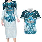 Personalized Cronulla-Sutherland Sharks Couples Matching Long Sleeve Bodycon Dress and Hawaiian Shirt Polynesian Tribal Pattern Style