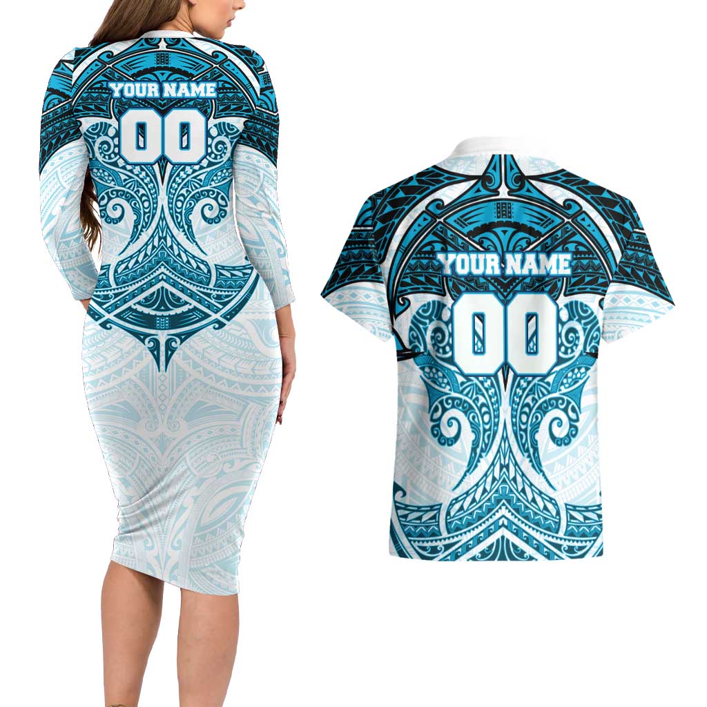 Personalized Cronulla-Sutherland Sharks Couples Matching Long Sleeve Bodycon Dress and Hawaiian Shirt Polynesian Tribal Pattern Style