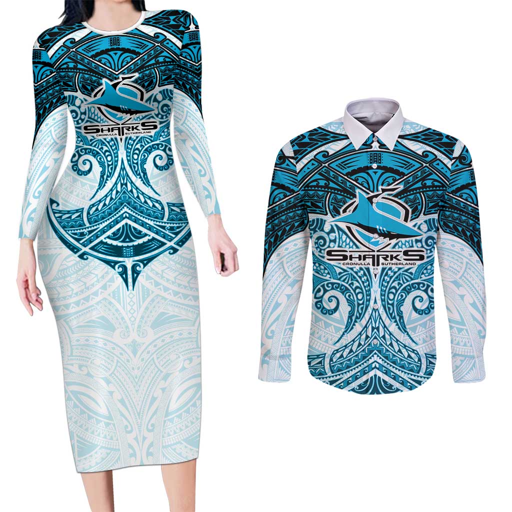 Personalized Cronulla-Sutherland Sharks Couples Matching Long Sleeve Bodycon Dress and Long Sleeve Button Shirt Polynesian Tribal Pattern Style