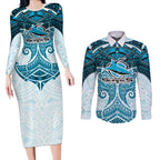 Personalized Cronulla-Sutherland Sharks Couples Matching Long Sleeve Bodycon Dress and Long Sleeve Button Shirt Polynesian Tribal Pattern Style