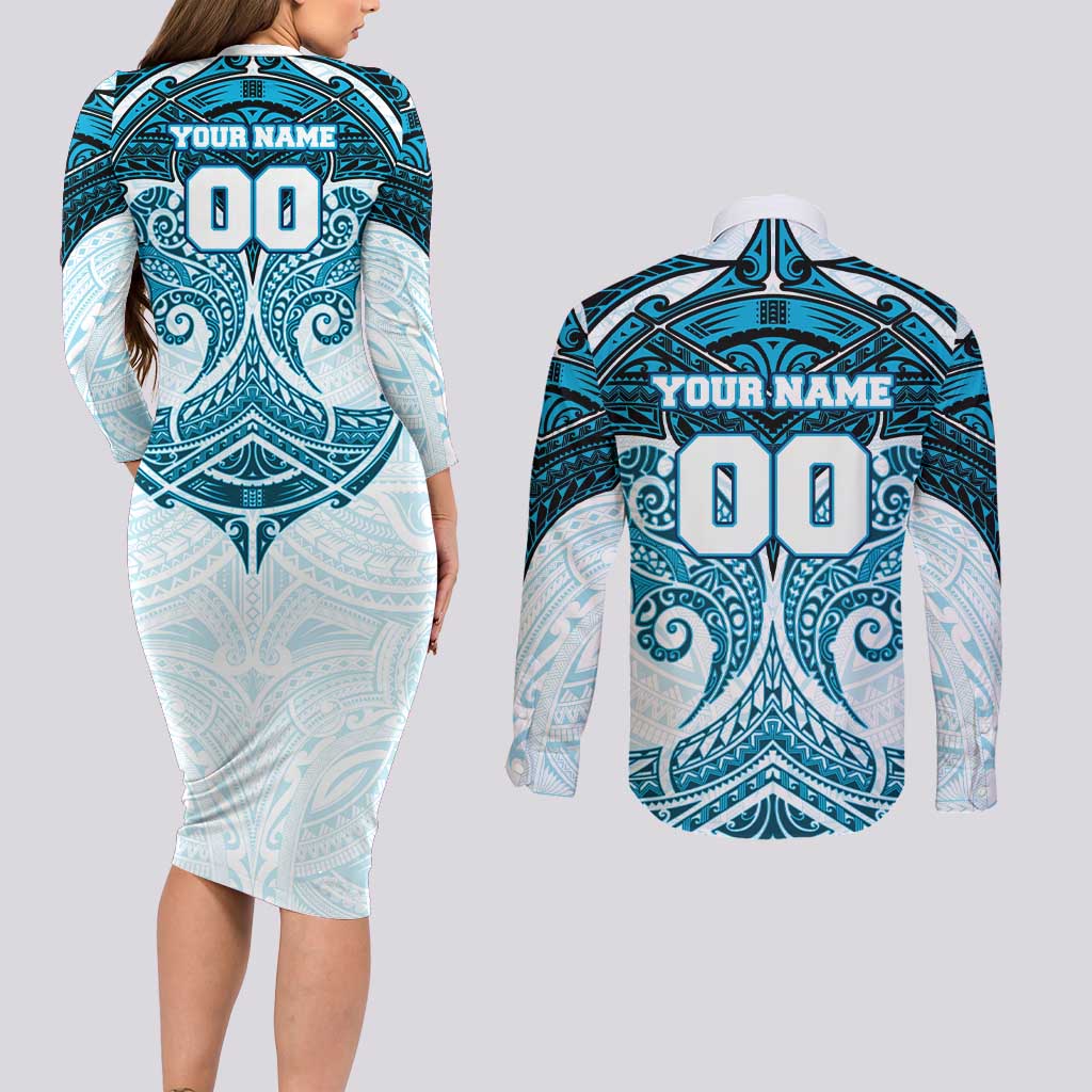Personalized Cronulla-Sutherland Sharks Couples Matching Long Sleeve Bodycon Dress and Long Sleeve Button Shirt Polynesian Tribal Pattern Style