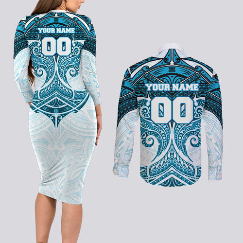 Personalized Cronulla-Sutherland Sharks Couples Matching Long Sleeve Bodycon Dress and Long Sleeve Button Shirt Polynesian Tribal Pattern Style