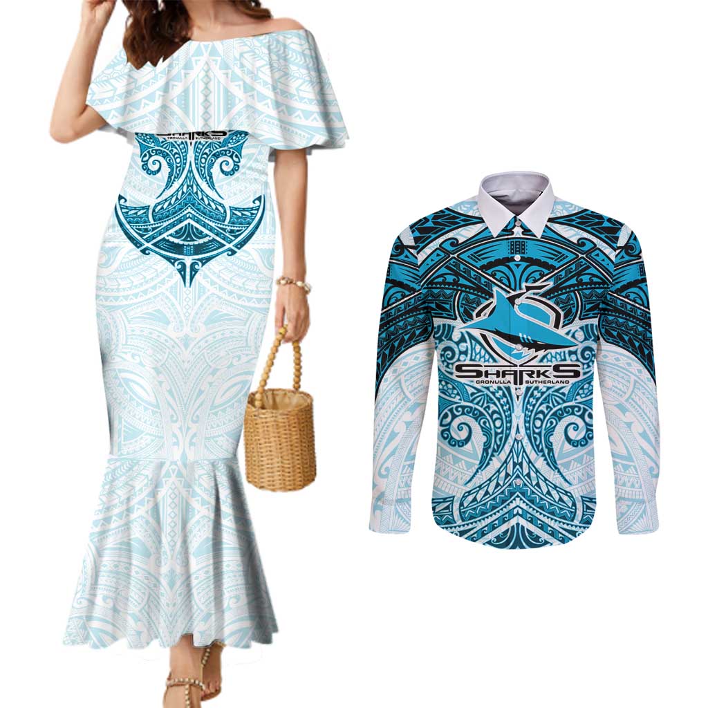 Personalized Cronulla-Sutherland Sharks Couples Matching Mermaid Dress and Long Sleeve Button Shirt Polynesian Tribal Pattern Style