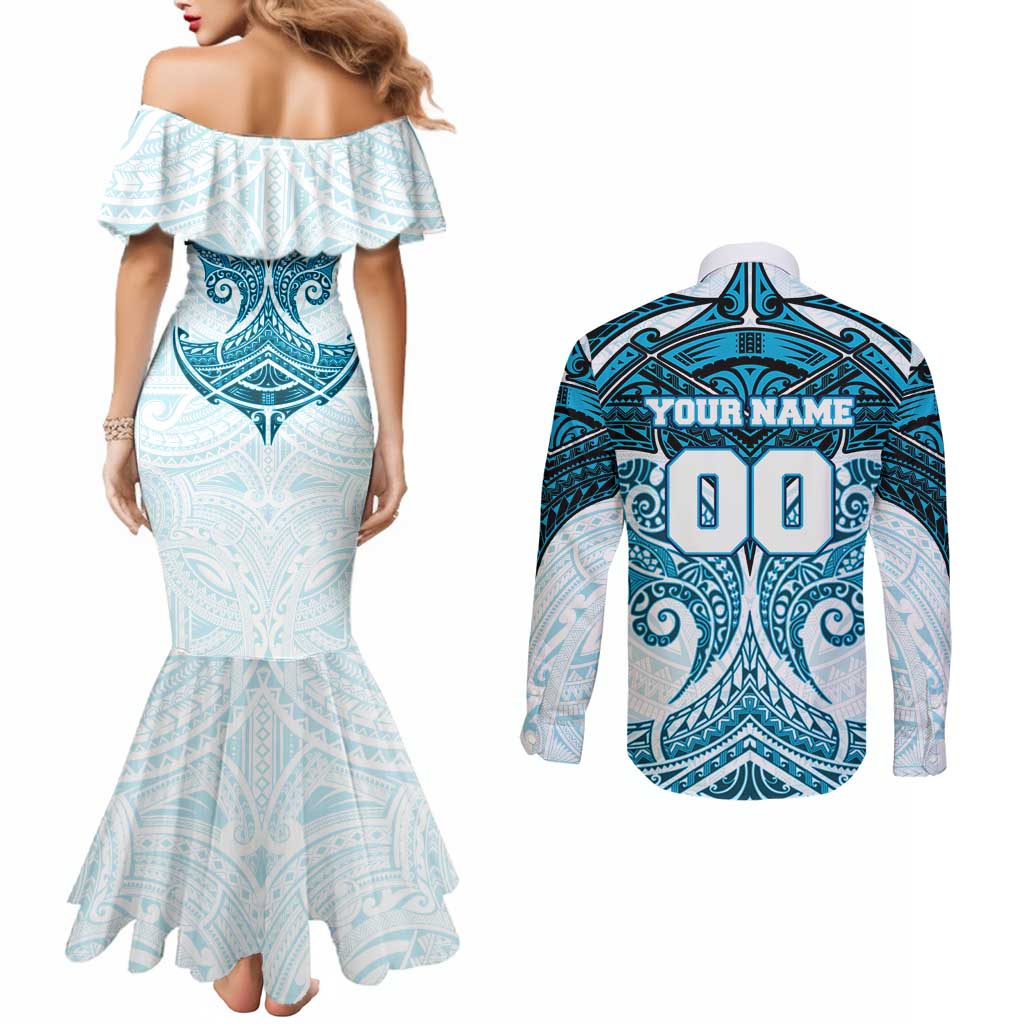 Personalized Cronulla-Sutherland Sharks Couples Matching Mermaid Dress and Long Sleeve Button Shirt Polynesian Tribal Pattern Style