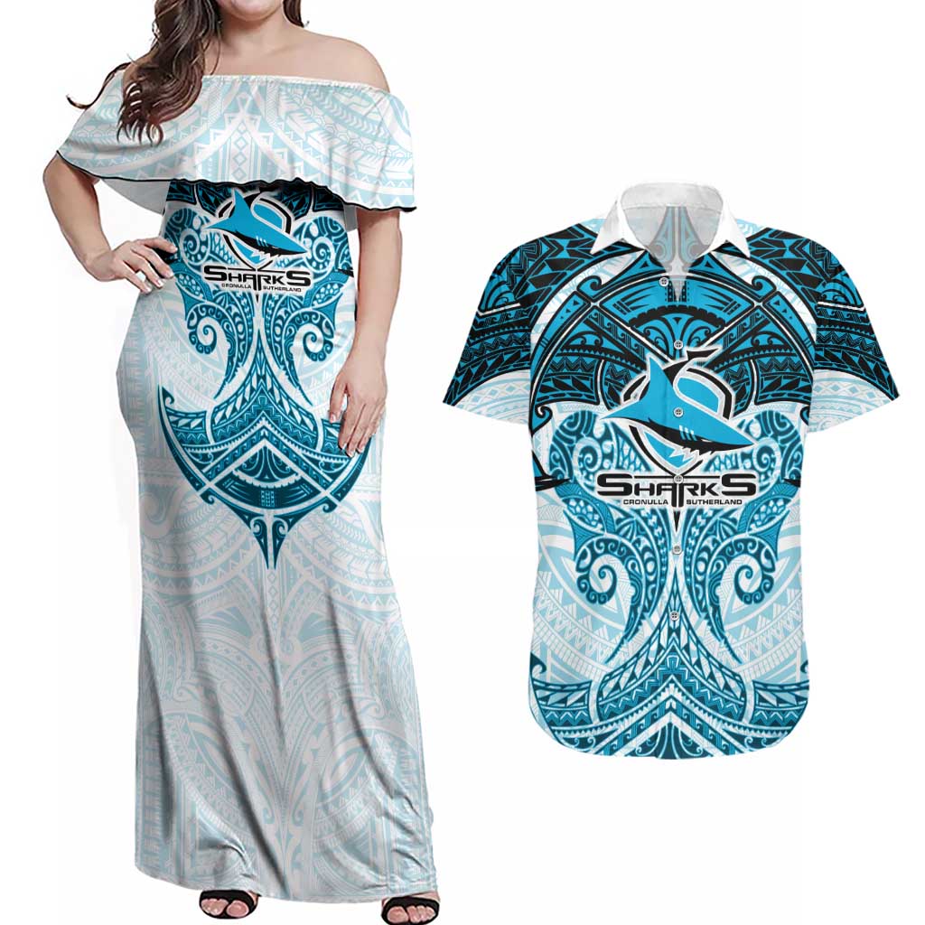 Personalized Cronulla-Sutherland Sharks Couples Matching Off Shoulder Maxi Dress and Hawaiian Shirt Polynesian Tribal Pattern Style