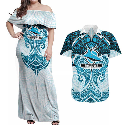 Personalized Cronulla-Sutherland Sharks Couples Matching Off Shoulder Maxi Dress and Hawaiian Shirt Polynesian Tribal Pattern Style