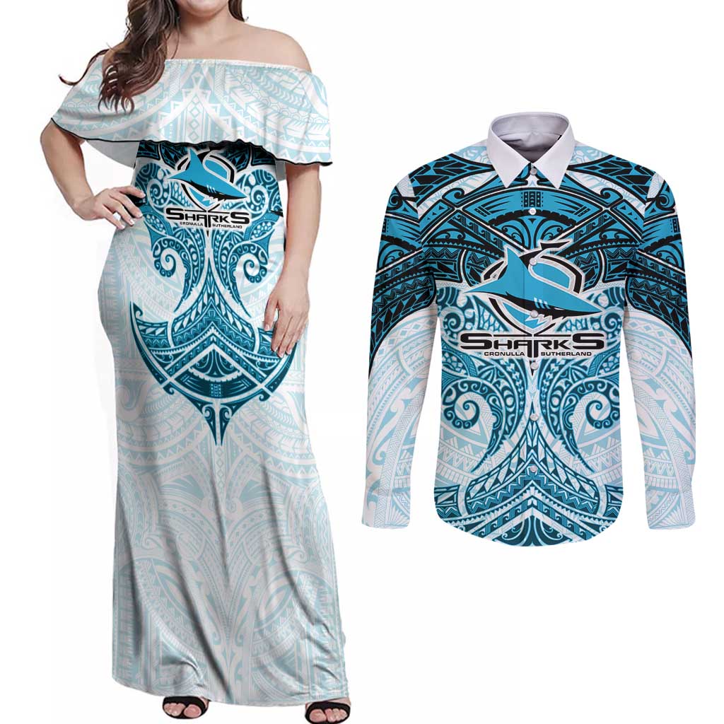 Personalized Cronulla-Sutherland Sharks Couples Matching Off Shoulder Maxi Dress and Long Sleeve Button Shirt Polynesian Tribal Pattern Style
