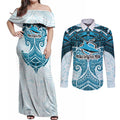Personalized Cronulla-Sutherland Sharks Couples Matching Off Shoulder Maxi Dress and Long Sleeve Button Shirt Polynesian Tribal Pattern Style