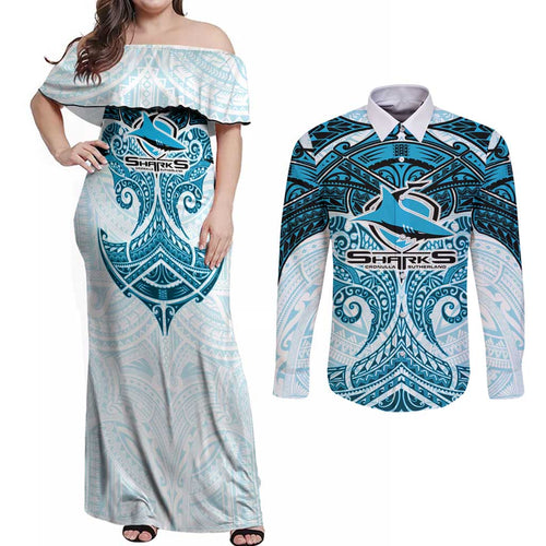 Personalized Cronulla-Sutherland Sharks Couples Matching Off Shoulder Maxi Dress and Long Sleeve Button Shirt Polynesian Tribal Pattern Style