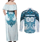Personalized Cronulla-Sutherland Sharks Couples Matching Off Shoulder Maxi Dress and Long Sleeve Button Shirt Polynesian Tribal Pattern Style
