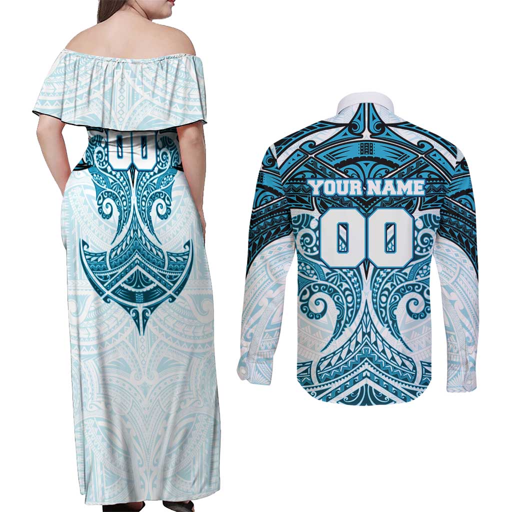 Personalized Cronulla-Sutherland Sharks Couples Matching Off Shoulder Maxi Dress and Long Sleeve Button Shirt Polynesian Tribal Pattern Style