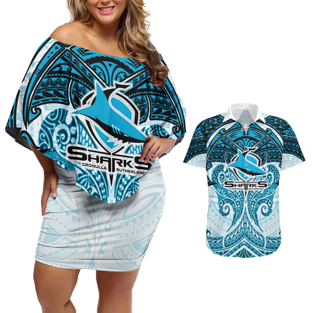 Personalized Cronulla-Sutherland Sharks Couples Matching Off Shoulder Short Dress and Hawaiian Shirt Polynesian Tribal Pattern Style