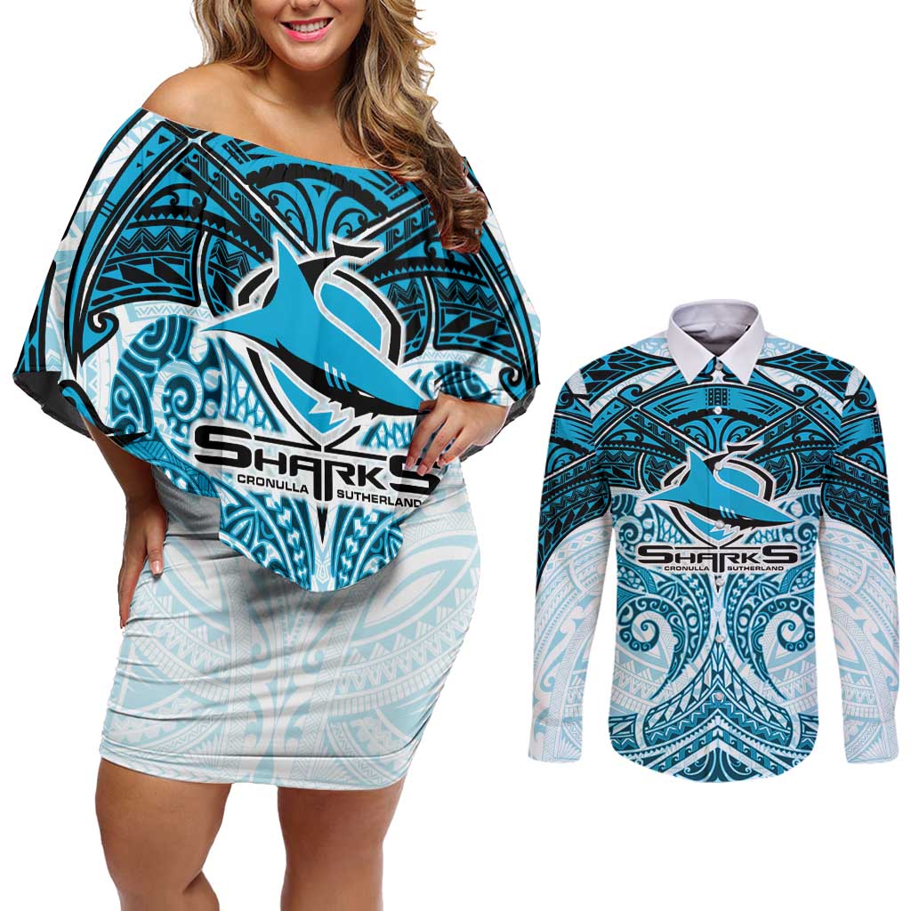Personalized Cronulla-Sutherland Sharks Couples Matching Off Shoulder Short Dress and Long Sleeve Button Shirt Polynesian Tribal Pattern Style