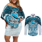 Personalized Cronulla-Sutherland Sharks Couples Matching Off Shoulder Short Dress and Long Sleeve Button Shirt Polynesian Tribal Pattern Style