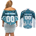Personalized Cronulla-Sutherland Sharks Couples Matching Off Shoulder Short Dress and Long Sleeve Button Shirt Polynesian Tribal Pattern Style