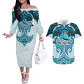 Personalized Cronulla-Sutherland Sharks Couples Matching Off The Shoulder Long Sleeve Dress and Hawaiian Shirt Polynesian Tribal Pattern Style