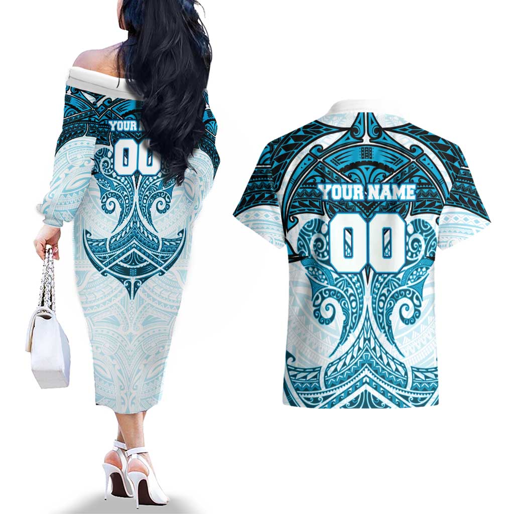 Personalized Cronulla-Sutherland Sharks Couples Matching Off The Shoulder Long Sleeve Dress and Hawaiian Shirt Polynesian Tribal Pattern Style