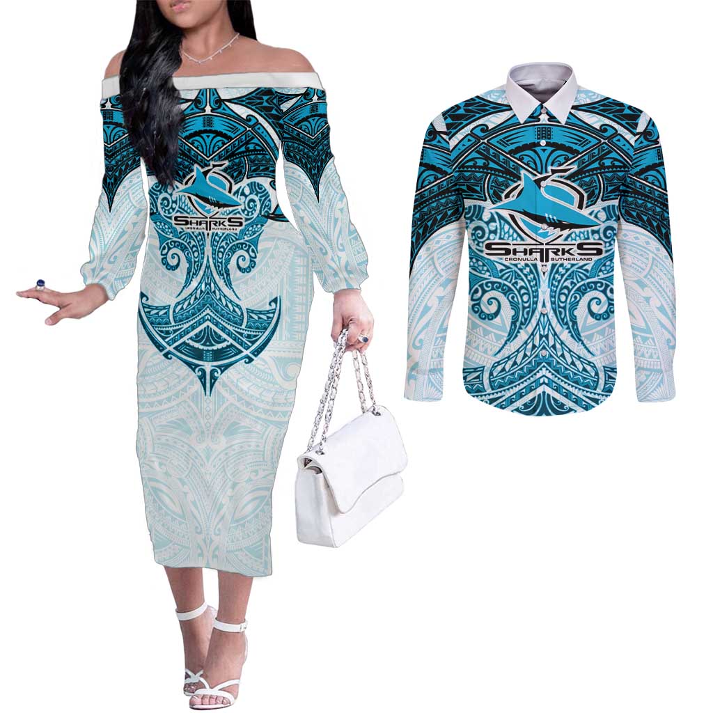 Personalized Cronulla-Sutherland Sharks Couples Matching Off The Shoulder Long Sleeve Dress and Long Sleeve Button Shirt Polynesian Tribal Pattern Style