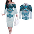 Personalized Cronulla-Sutherland Sharks Couples Matching Off The Shoulder Long Sleeve Dress and Long Sleeve Button Shirt Polynesian Tribal Pattern Style